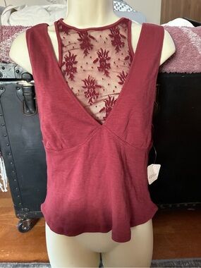 Free People Wine Red Lace Inset V-Neck Tank